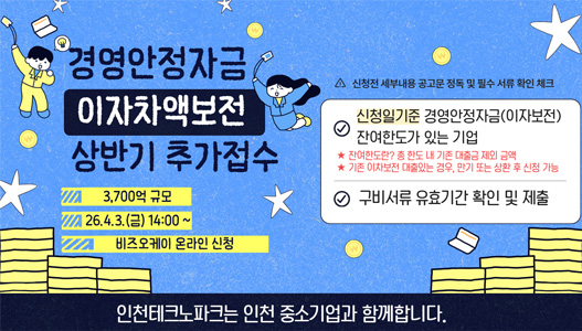경영안정자금이차차액보전상반기 추가접수3,700억 규모26.4.3.(금) 14:00 ~비즈오케이 온라인 신청신청전 세부내용 공고문 정독 및 필수 서류 확인 체크신청일기준 경영안정자금(이자보전) 잔여한도가 있는 기업잔여한도란? 총 한도 내 기존 대출금 제외 금액기존 이차보전 대출있는 경우, 만기 또는 상환 후 신청 가능구비서류 유효기간 확인 및 제출인천테크노파크는 인천 중소기업과 함께합니다.