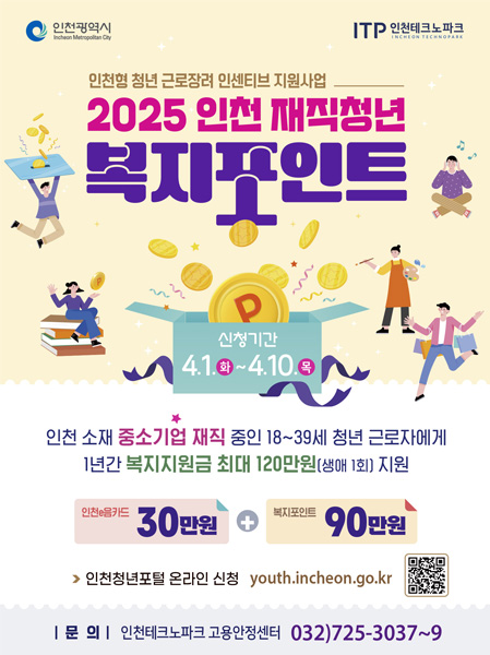 인천형 청년 근로장려 인센티브 지원사업
2025 인천 재직청년 복지포인트
신청기간 : 4.1.(화) ~ 4.10.(목)
인천 소재 중소기업 재직 중인 18~39세 청년 근로자에게 1년간 복지지원금 최대 120만원(생애 1회) 지원
인천e음카드 30만원 + 복지포인트 90만원
-인천청년포털 온라인 신청 youth.incheon.go.kr
(QR코드 : https://youth.incheon.go.kr)
문의 : 인천테크노파크 고용안정센터 032)725-3037~9