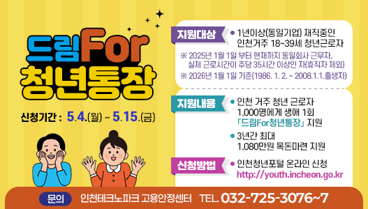 드림For 청년통장신청기간 : 2026. 5. 4.(월) ~ 5. 15.(금)지원대상○ 1년이상동일기업 재직중인 인천거주18~39세 청년근로자※ 2025년 1월 1일 부터 현재까지 동일회사 근무자, 실제 근로시간이 주당 35시간 이상인 자(휴직자 제외)※ 2026년 1월 1일 기준(1986. 1. 2. ~ 2008. 1. 1. 출생자)지원내용○ 인천 거주 청년 근로자 1,000명에게 생애 1회 「드림For청년통장」 지원○ 3년간 최대 1,080만원 목돈마련 지원신청방법○ 인천청년포털 온라인 신청http://youth.incheon.go.kr문의 인천테크노파크 고용안정센터TEL. 032-725-3076~7