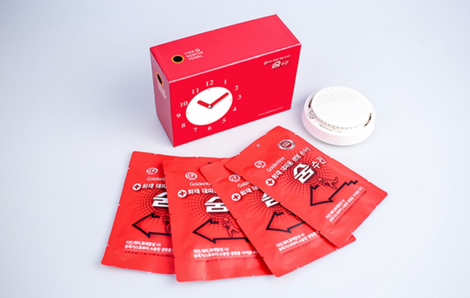 [이레인텍]화재대피용 생명 숨수건 + 시계 + 화재감지기 패키지 사진